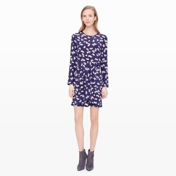 Club Monaco Paget Floral Mini Dress Size 2 Blue Silk Long Sleeve Pleated - Picture 1 of 16
